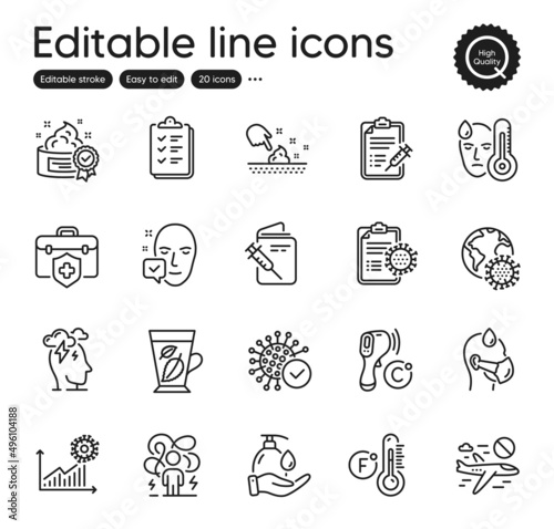 Set of Medical outline icons. Contains icons as Cancel flight, Coronavirus report and Wash hands elements. Coronavirus, Medical insurance, Vaccine report web signs. Fever, Cream. Vector
