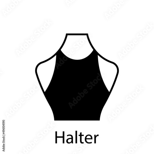 Halter Neckline Type for Women T-Shirt, Blouse, Dress Silhouette Icon Collection. Black Apparel on Dummy with Halter Neckline Type. Trend Woman Halter Type of Neckline. Isolated Vector Illustration