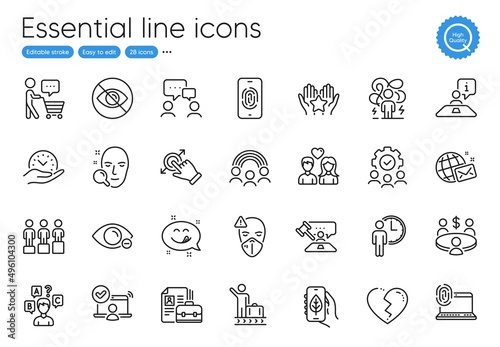 Broken heart, Vacancy and Meeting line icons. Collection of Interview, Face search, Ecology app icons. Inclusion, Myopia, Judge hammer web elements. Luggage belt, People chatting, Ranking. Vector