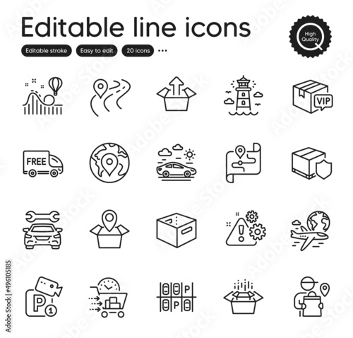 Set of Transportation outline icons. Contains icons as Delivery man, Packing boxes and Car travel elements. Delivery insurance, Send box, Pin web signs. Car, Road, Parking place elements. Vector