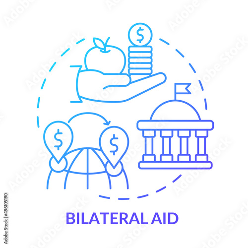 Bilateral aid blue gradient concept icon. Type of foreign aid abstract idea thin line illustration. Allocate funds to recipient country. Isolated outline drawing. Myriad Pro-Bold font used