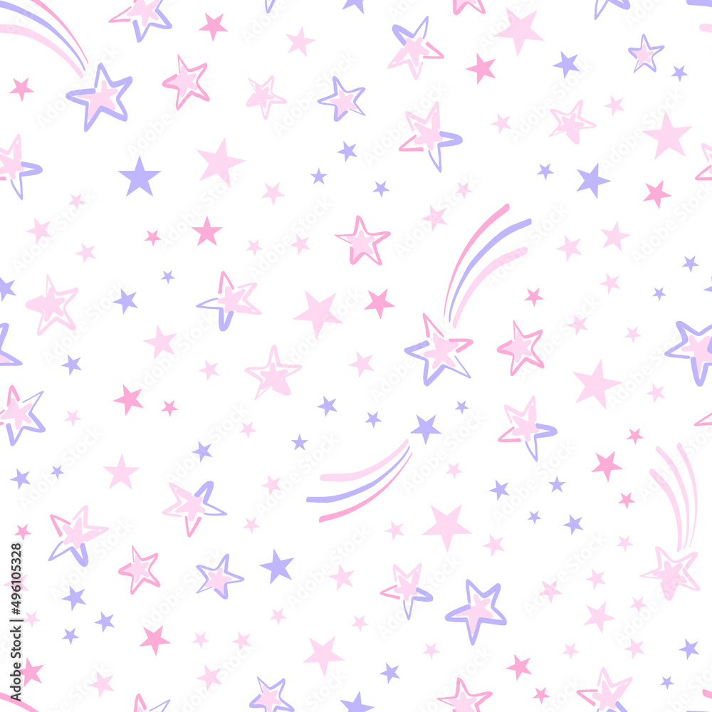 Pink blue starry outer space with fallen stars vector seamless pattern. Girlish Celestial sweet dreams galaxy background. Pyjamas party good night surface design.