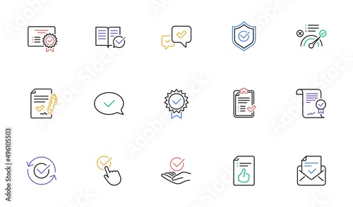 Approve line icons. Checklist, Certificate and Award medal. Thumbs up certified document linear icon set. Bicolor outline web elements. Vector