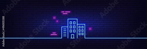 Neon light glow effect. Buildings line icon. City apartments sign. Architecture building symbol. 3d line neon glow icon. Brick wall banner. Buildings outline. Vector