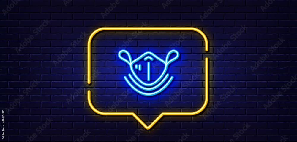 Neon light speech bubble. Medical mask line icon. Safety breathing respiratory mask sign. Coronavirus face protection symbol. Neon light background. Medical mask glow line. Brick wall banner. Vector Neon light speech bubble. Medical mask line icon. Safety breathing respiratory mask sign. Coronavirus face protection symbol. Neon light background. Medical mask glow line. Brick wall banner. Vector