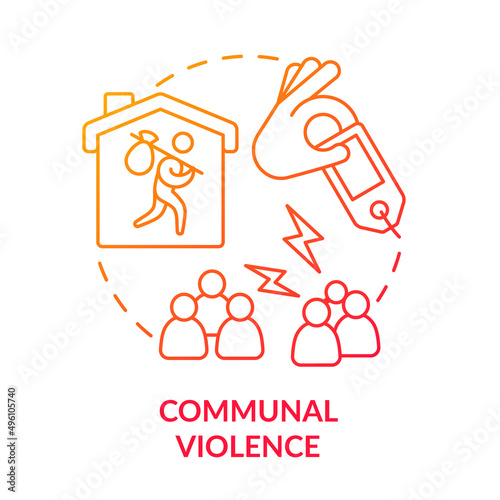 Communal violence red gradient concept icon. Armed hostilities result abstract idea thin line illustration. Hate crime against refugees. Isolated outline drawing. Myriad Pro-Bold font used