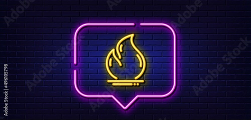 Neon light speech bubble. Fire energy line icon. Heating power energy sign. Hot flame symbol. Neon light background. Fire energy glow line. Brick wall banner. Vector