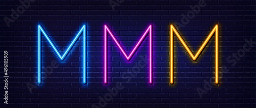 Initial letter M icon. Neon light line effect. Line typography character sign. Large first font letter. Glowing neon light element. Letter M glow 3d line. Brick wall banner. Vector