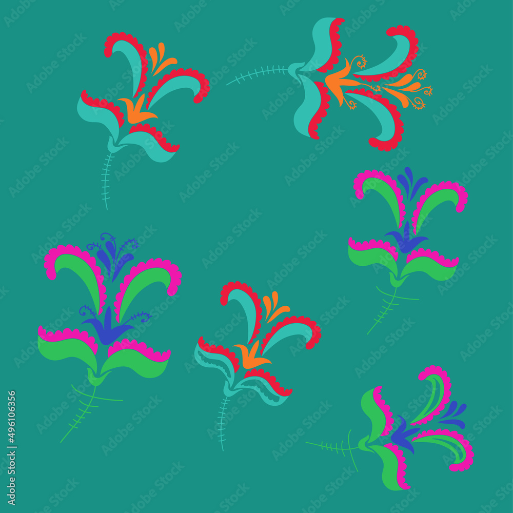 Stylized colored floral. Hand drawn.