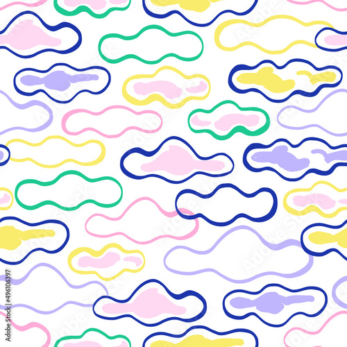 Cute chidish felt pen hand drawn multicoloured clouds vector seamless pattern. Celestial whimsical cloudlets background. Bright colours infantile sky surface design for nursery or kids fabric.