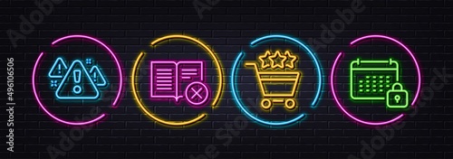 Warning, Shopping rating and Reject book minimal line icons. Neon laser 3d lights. Calendar icons. For web, application, printing. Important message, Supermarket stars, Delete article. Vector