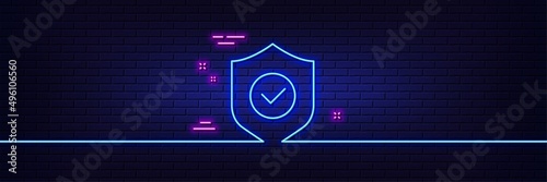 Neon light glow effect. Security shield line icon. Cyber defence sign. Private protection symbol. 3d line neon glow icon. Brick wall banner. Security shield outline. Vector