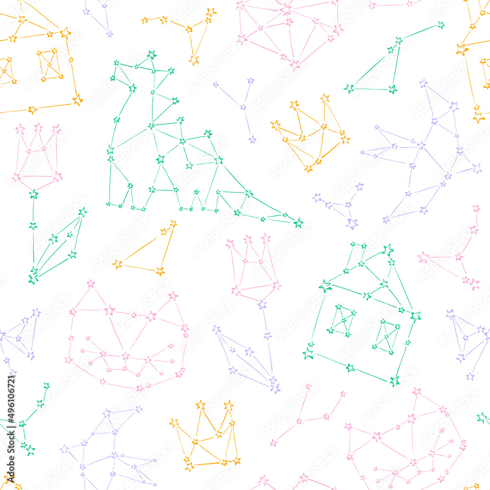 Cute Constellation Tulip Dinosaur Tiny house Cat Bird Crown vector seamless pattern. Childish celestial sweet colours galaxy sweet dreams background. Pyjamas party surface design.