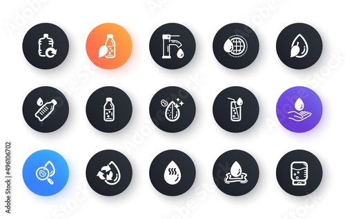Water drop icons. Bottle, Antibacterial filter and Tap water. Clean water classic icon set. Circle web buttons. Vector