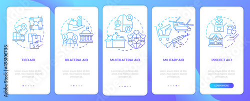 Types of foreign assistance blue gradient onboarding mobile app screen. Walkthrough 5 steps graphic instructions pages with linear concepts. UI  UX  GUI template. Myriad Pro-Bold  Regular fonts used