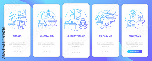 Types of foreign assistance blue gradient onboarding mobile app screen. Walkthrough 5 steps graphic instructions pages with linear concepts. UI, UX, GUI template. Myriad Pro-Bold, Regular fonts used