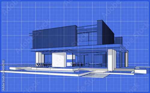 3d rendering of modern cozy house with parking and pool for sale or rent with wood plank facade.  Black line sketch with white spot and blueprint background