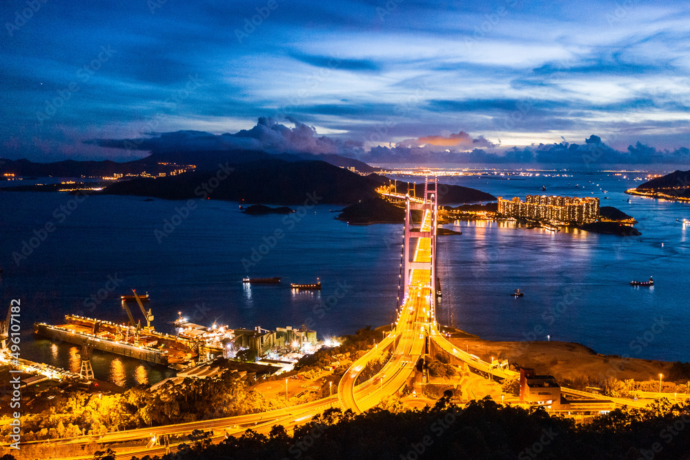 Evening of Tsing Ma Bridge, 14th longest span suspension bridge in the world, Hong Kong