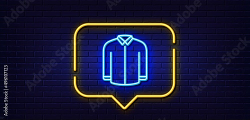 Neon light speech bubble. Shirt line icon. Male dress shirt sign. Business wear symbol. Neon light background. Shirt glow line. Brick wall banner. Vector