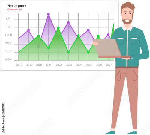 Analytics information and development statistics. Web analysis measure, product testing technology. Man analyses dashboard seo optimization, digital report. Statistical indicators and data on diagram