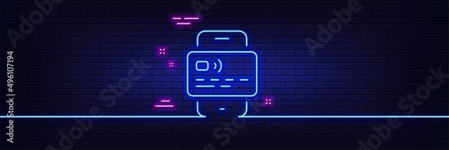 Neon light glow effect. Credit card line icon. Bank money payment sign. Mobile phone pay symbol. 3d line neon glow icon. Brick wall banner. Card outline. Vector