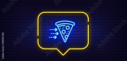 Neon light speech bubble. Food delivery line icon. Salami pizza sign. Catering service symbol. Neon light background. Food delivery glow line. Brick wall banner. Vector