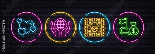 Binary code, Heart and Organic tested minimal line icons. Neon laser 3d lights. Financial goal icons. For web, application, printing. Cyber phishing, Love rating, Safe nature. Money budget. Vector