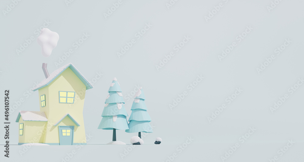 Fantasy cottage with smoking chimney, trees and snow with negative space for copy. 3d rendering.