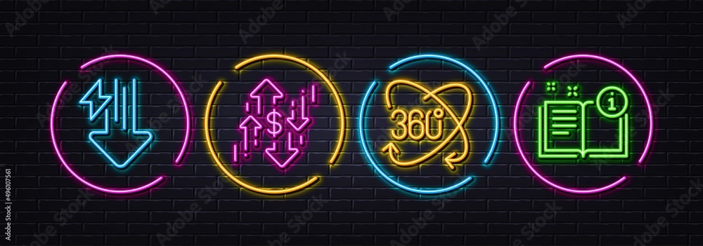 Full rotation, Dollar rate and Energy drops minimal line icons. Neon laser 3d lights. Manual icons. For web, application, printing. 360 degree, Currency changes, Power usage. Read book. Vector