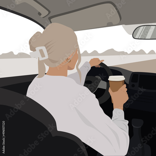 Young stylish girl driving a car. Girl with cup of coffee in hand, flat vector illustration.