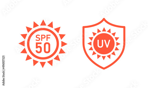 SPF sun protection icons for sunscreen packaging. UV control, SPF50. Vector