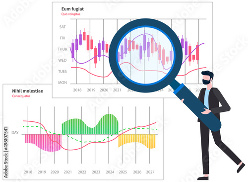 Analytics information and development statistics. Web analysis measure, product testing technology. Man analyses dashboard seo optimization, digital report. Statistical indicators and data on diagram