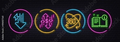 Full rotation, Dollar rate and Energy drops minimal line icons. Neon laser 3d lights. Manual icons. For web, application, printing. 360 degree, Currency changes, Power usage. Read book. Vector