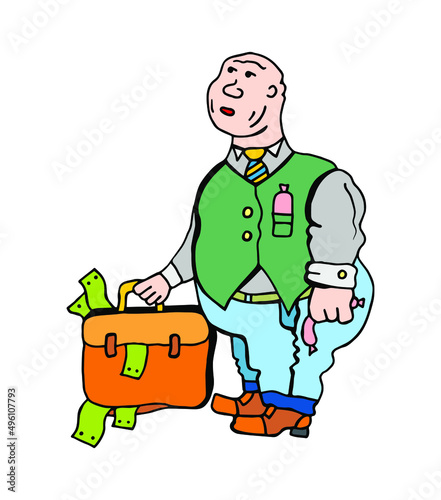 Dishonest businessman. Caricature character of a thick corrupt man with a suitcase of money.
