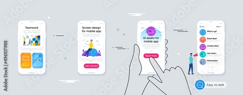 Set of Add photo, Bus parking and Cyber attack line icons. Phone ui interface. Include Laptop, Food delivery, Share icons. Car service, Time management, Bitcoin mining web elements. Vector