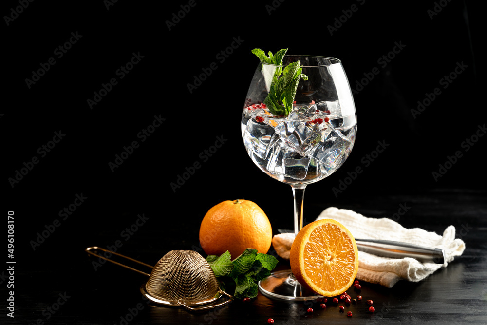 Modern Cocktail gin tonic herb spices fishbowl glass plain background