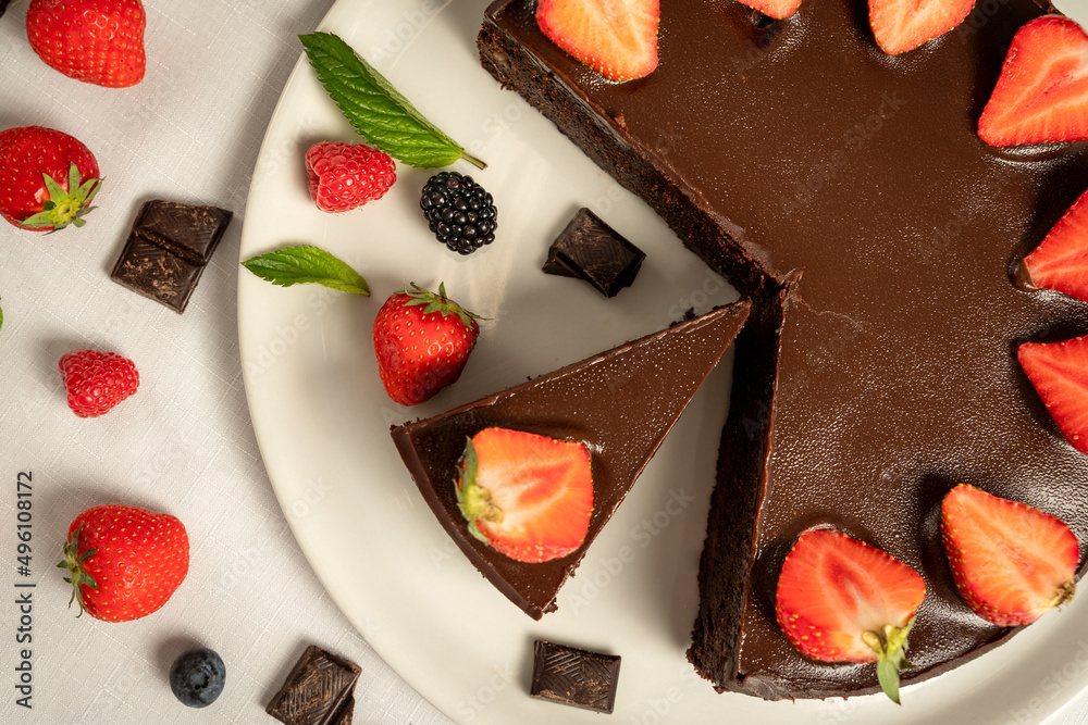 sliced fresh fruit cake sugar sweet chocolate garnish mint