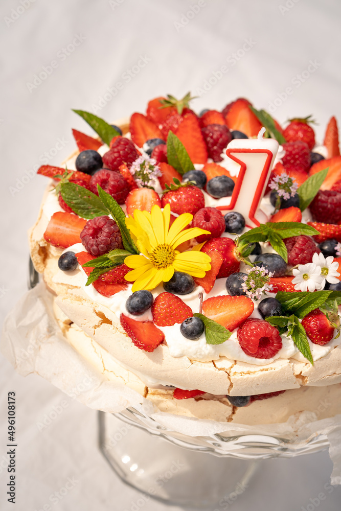 Sweet fresh fruit birthday cake pavlova 1 year anniversary party