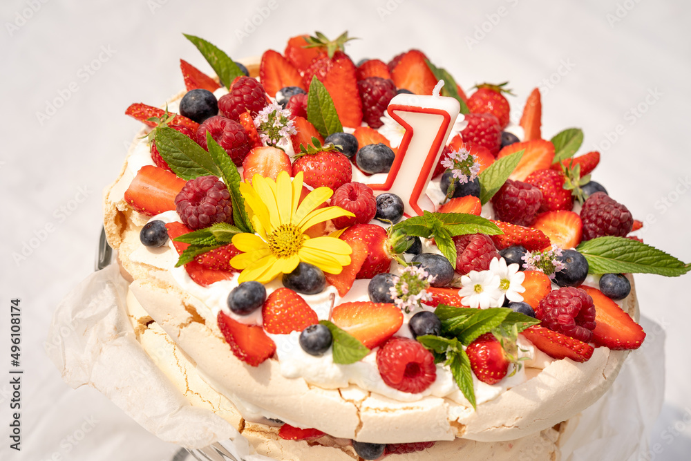 Sweet fresh fruit birthday cake pavlova 1 year anniversary party