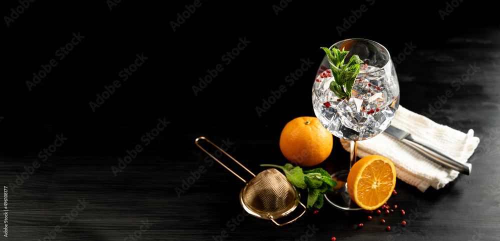 Modern Cocktail gin tonic herb spices fishbowl glass plain background