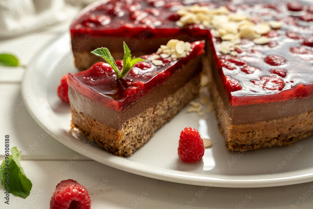 sliced fresh fruit cake sugar sweet chocolate garnish mint