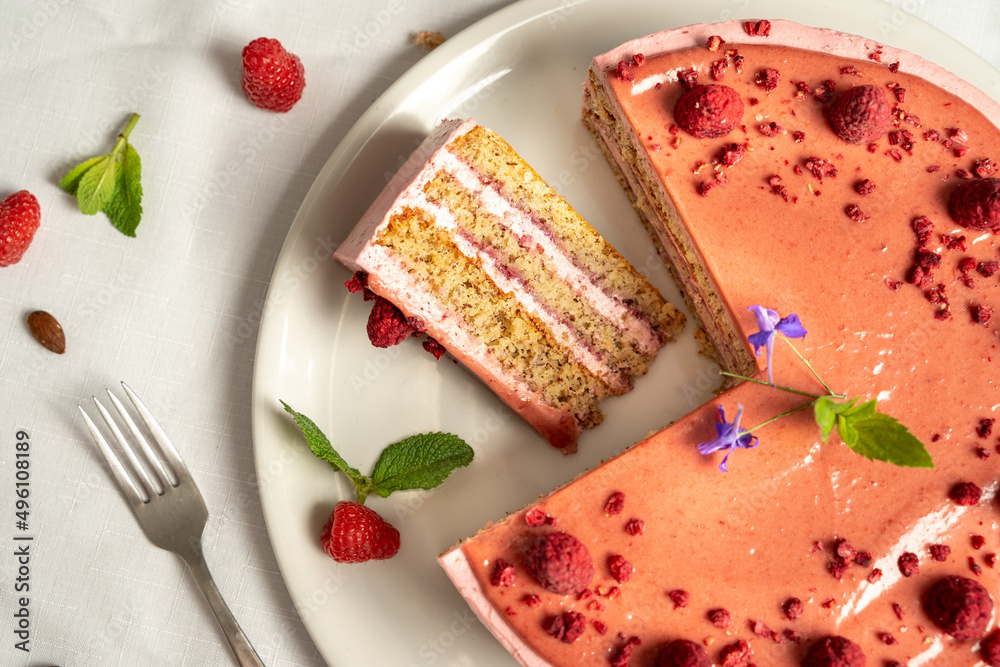 sliced fresh fruit cake sugar sweet chocolate garnish mint
