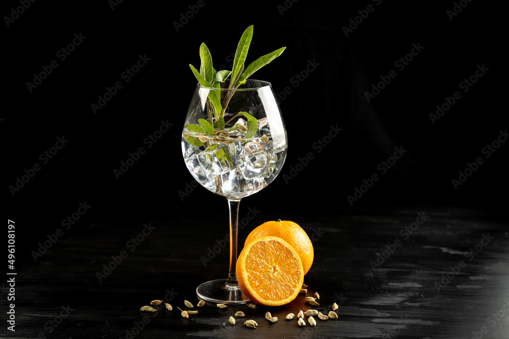 Modern Cocktail gin tonic herb spices fishbowl glass plain background