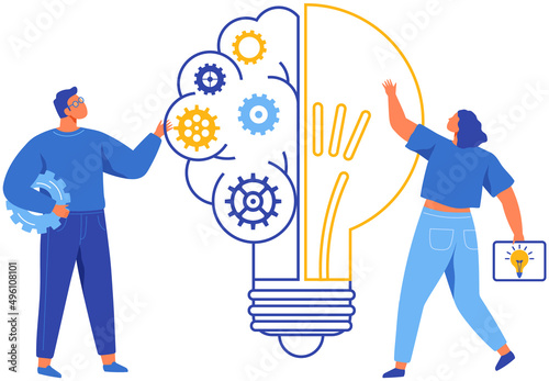 Man creates new idea. Light bulb with gears vector illustration. Creation of optimal solution, development of creative thinking. Mental mindset, imagination concept. Person creates abstract figure