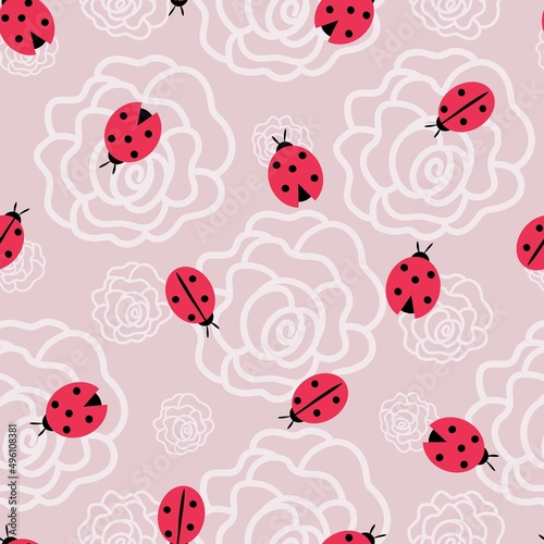 The ladybug and flowers seamless pattern