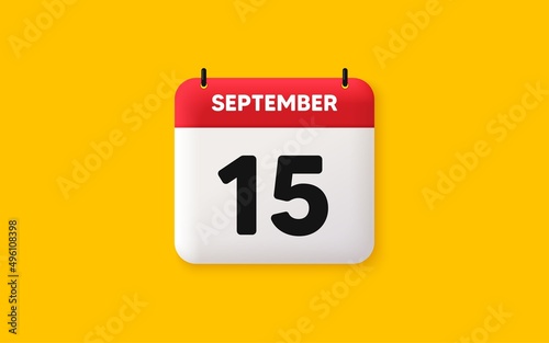 Calendar date 3d icon. 15th day of the month icon. Event schedule date. Meeting appointment time. Agenda plan, September month schedule 3d calendar and Time planner. 15th day day reminder. Vector