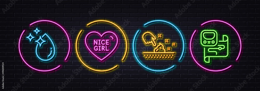 Water drop, Nice girl and Skin moisture minimal line icons. Neon laser 3d lights. Metro map icons. For web, application, printing. Crystal aqua, Love heart, Wet cream. Transit station. Vector