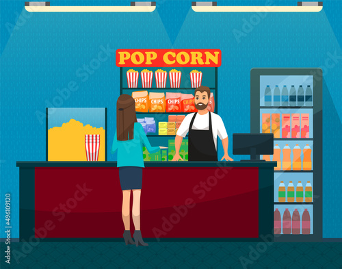Young woman buying popcorn from salesman. Lady shopping in cinema food court vector illustration. Girl chooses snacks and drinks for watching movie in cinema. Seller sells popcorn, chips and soda