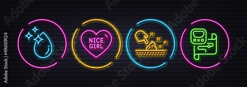 Water drop, Nice girl and Skin moisture minimal line icons. Neon laser 3d lights. Metro map icons. For web, application, printing. Crystal aqua, Love heart, Wet cream. Transit station. Vector