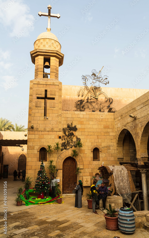 Church and a courtyard with Christmas nativity scene in Coptic Cairo. Cairo, Egypt